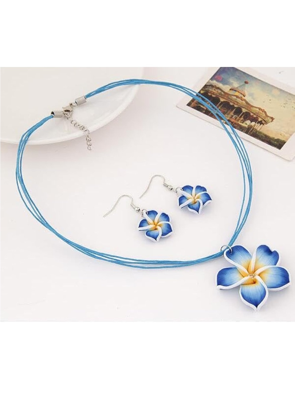 Blue Plumeria Flower Necklace and Earrings Set - Unbranded